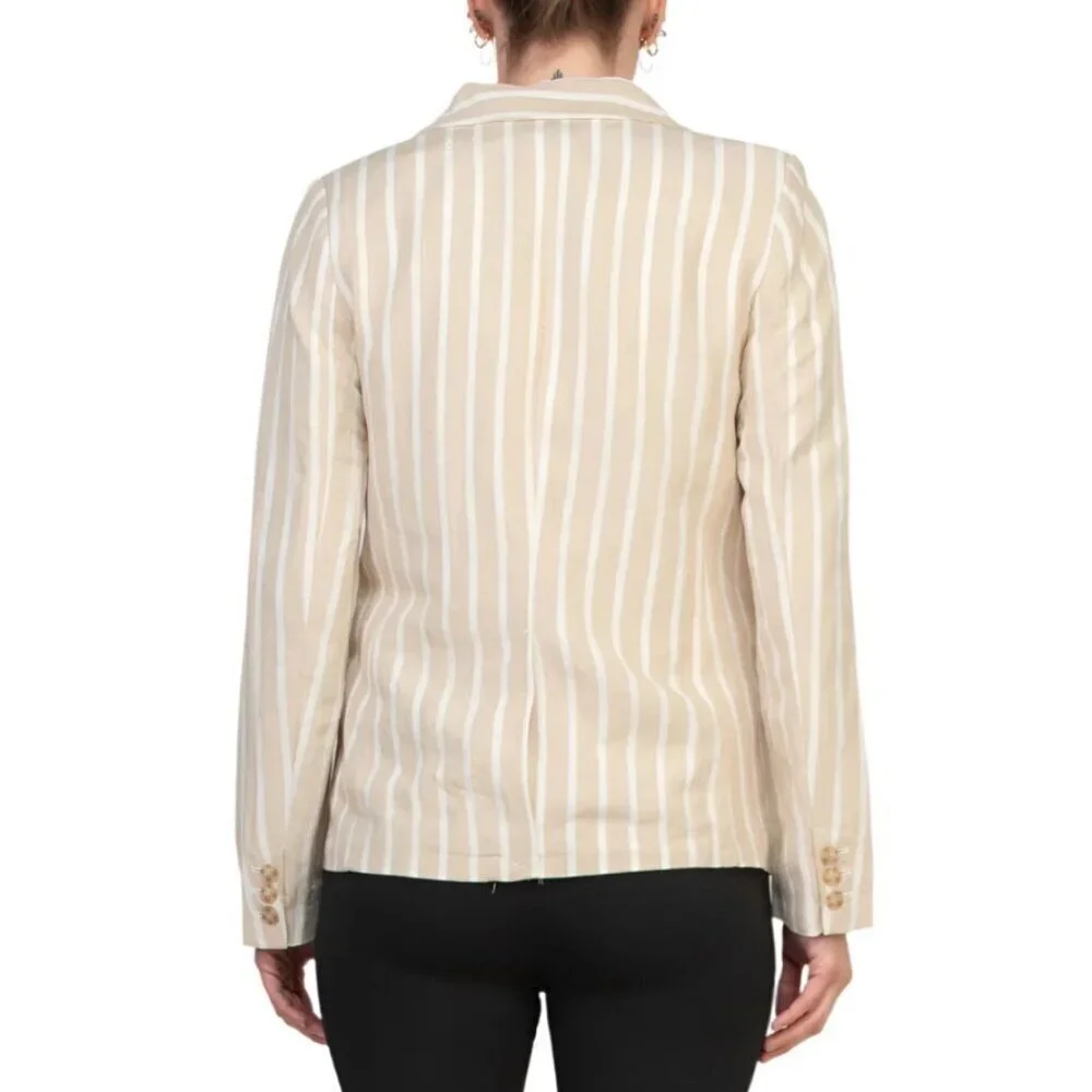 NEW Philosophy SZ L Stripe Notch Collar Long Sleeve Linen Blend Blazer Tan - Picture 6 of 12